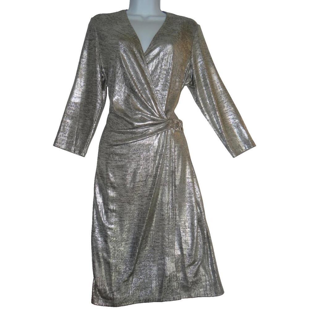Anne Klein‎ NWOT Silver Metallic Long Sleeve Wrap Dress with Decorative Buckle